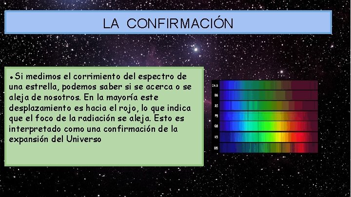 LA CONFIRMACIÓN ●Si medimos el corrimiento del espectro de una estrella, podemos saber si