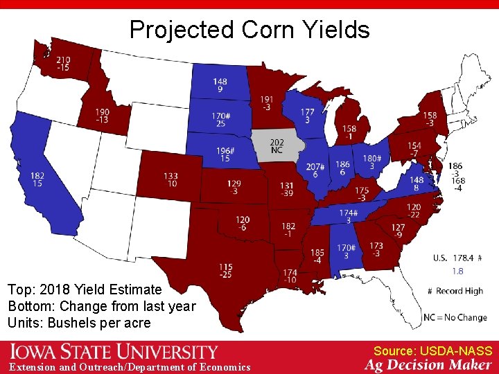 Projected Corn Yields Top: 2018 Yield Estimate Bottom: Change from last year Units: Bushels