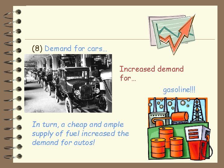 (8) Demand for cars… Increased demand for… gasoline!!! In turn, a cheap and ample