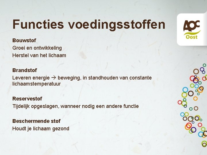 Functies voedingsstoffen Bouwstof Groei en ontwikkeling Herstel van het lichaam Brandstof Leveren energie beweging, Functies voedingsstoffen Bouwstof Groei en ontwikkeling Herstel van het lichaam Brandstof Leveren energie beweging,