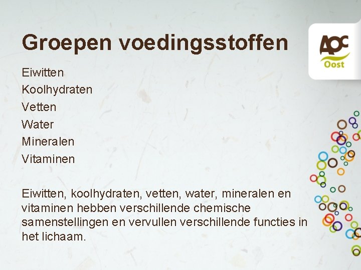 Groepen voedingsstoffen Eiwitten Koolhydraten Vetten Water Mineralen Vitaminen Eiwitten, koolhydraten, vetten, water, mineralen en Groepen voedingsstoffen Eiwitten Koolhydraten Vetten Water Mineralen Vitaminen Eiwitten, koolhydraten, vetten, water, mineralen en