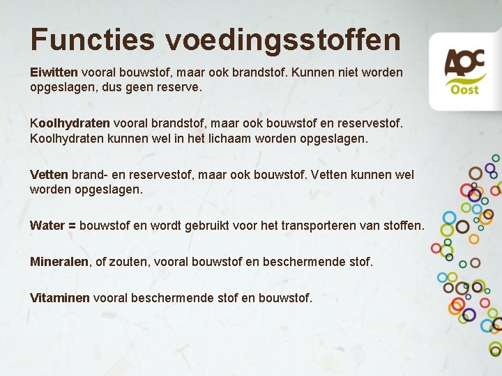 Functies voedingsstoffen Eiwitten vooral bouwstof, maar ook brandstof. Kunnen niet worden opgeslagen, dus geen Functies voedingsstoffen Eiwitten vooral bouwstof, maar ook brandstof. Kunnen niet worden opgeslagen, dus geen