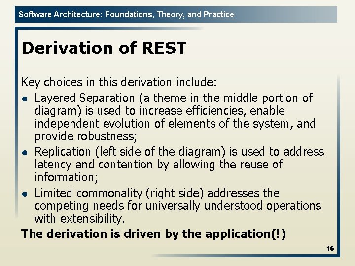 Software Architecture: Foundations, Theory, and Practice Derivation of REST Key choices in this derivation