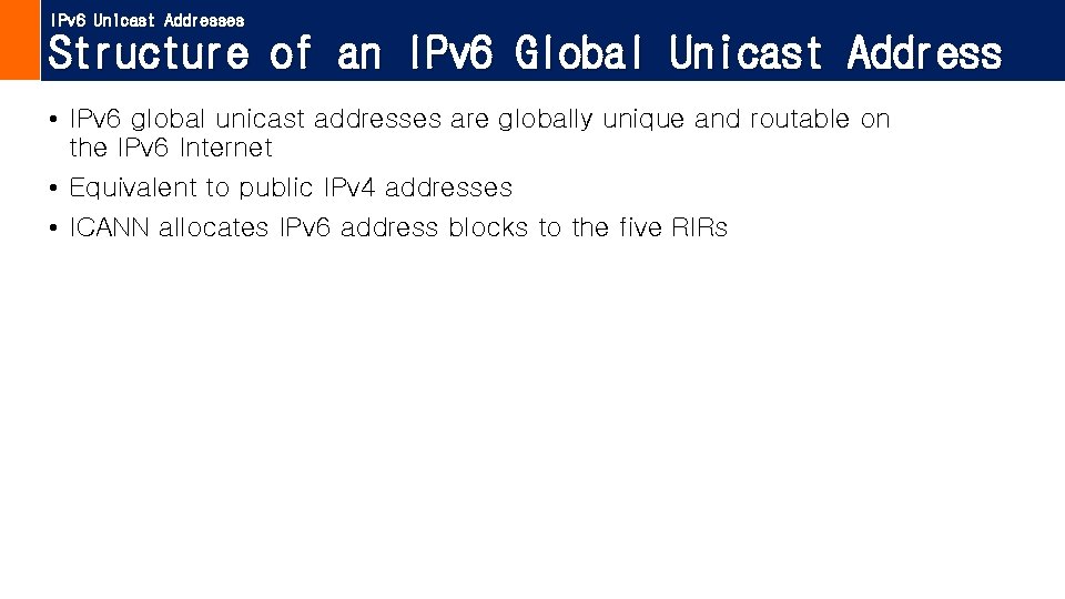 IPv 6 Unicast Addresses Structure of an IPv 6 Global Unicast Address • IPv