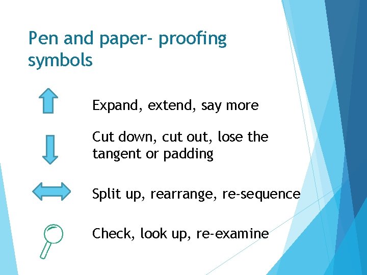 Pen and paper- proofing symbols Expand, extend, say more Cut down, cut out, lose