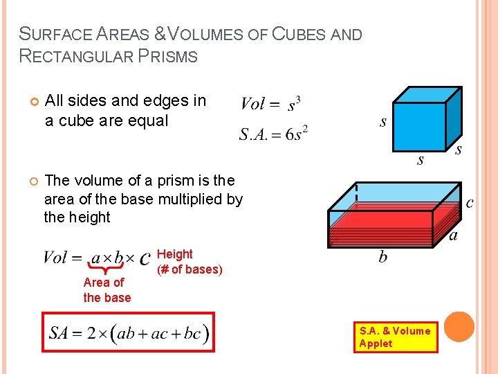 SURFACE AREAS & VOLUMES OF CUBES AND RECTANGULAR PRISMS All sides and edges in