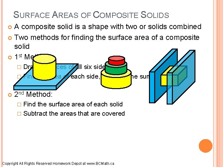 SURFACE AREAS OF COMPOSITE SOLIDS A composite solid is a shape with two or