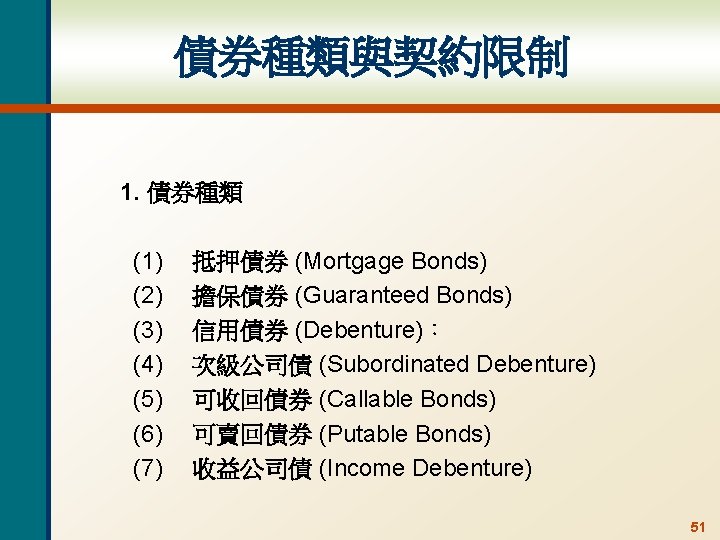 債券種類與契約限制 1. 債券種類 (1) (2) (3) (4) (5) (6) (7) 抵押債券 (Mortgage Bonds) 擔保債券