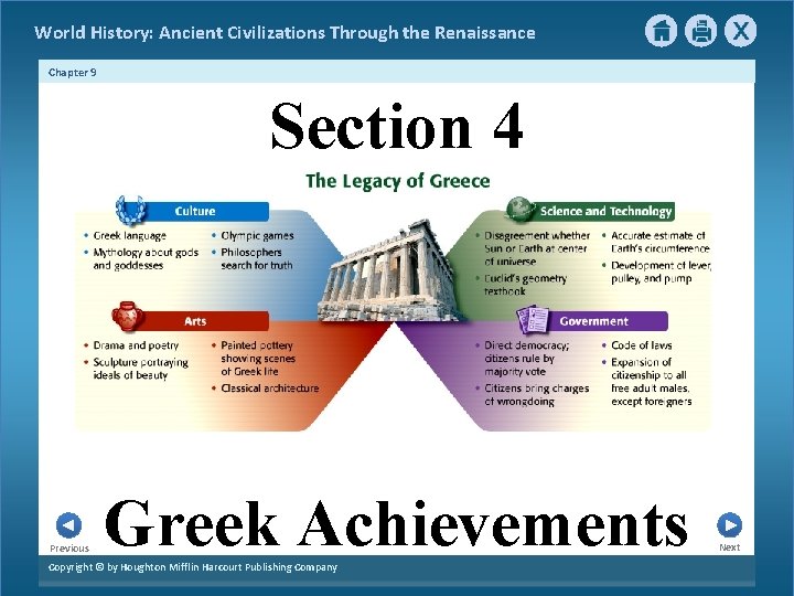 World History: Ancient Civilizations Through the Renaissance Chapter 9 Section 4 Previous Greek Achievements