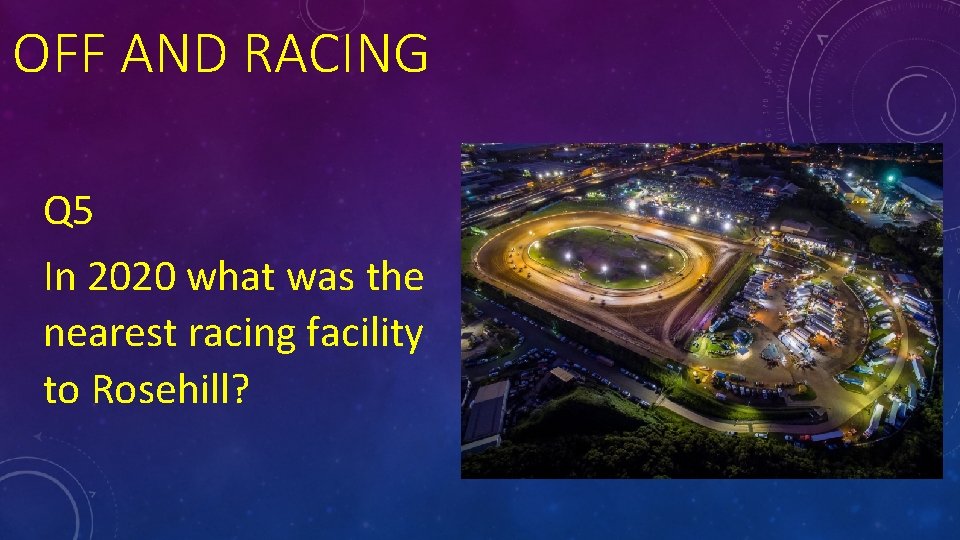 OFF AND RACING Q 5 In 2020 what was the nearest racing facility to