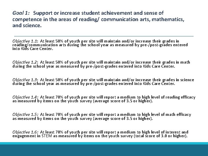 Goal 1: Support or increase student achievement and sense of competence in the areas Goal 1: Support or increase student achievement and sense of competence in the areas