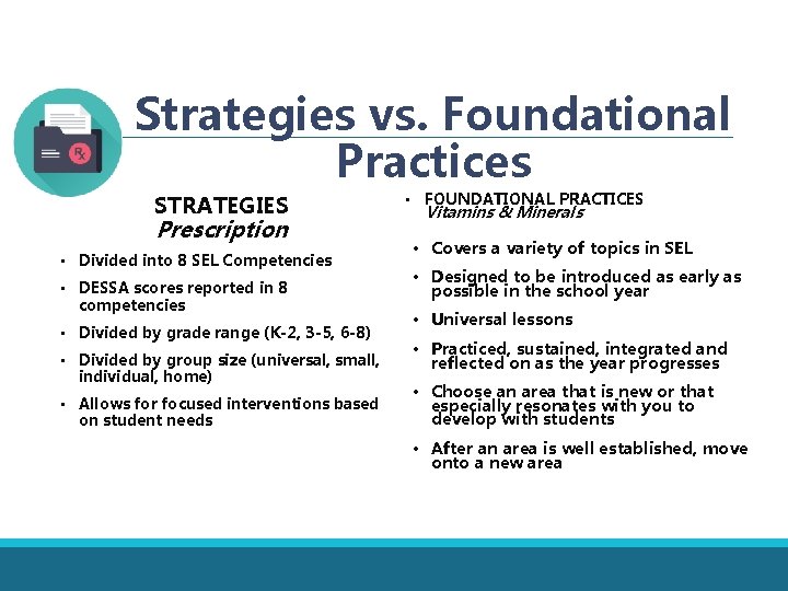 Strategies vs. Foundational Practices STRATEGIES Prescription • Divided into 8 SEL Competencies • DESSA Strategies vs. Foundational Practices STRATEGIES Prescription • Divided into 8 SEL Competencies • DESSA