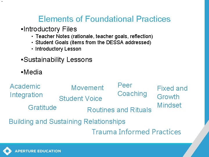 Elements of Foundational Practices • Introductory Files • Teacher Notes (rationale, teacher goals, reflection) Elements of Foundational Practices • Introductory Files • Teacher Notes (rationale, teacher goals, reflection)