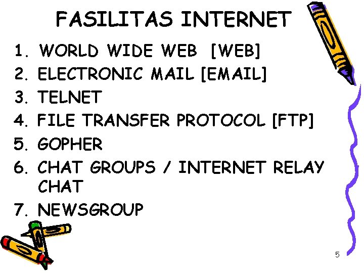 FASILITAS INTERNET 1. 2. 3. 4. 5. 6. WORLD WIDE WEB [WEB] ELECTRONIC MAIL