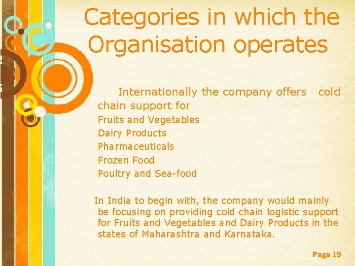 Categories in which the Organisation operates Internationally the company offers chain support for cold