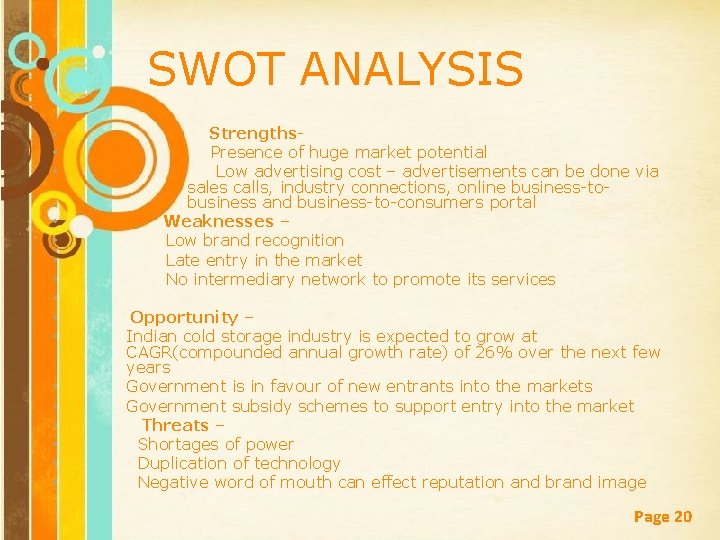 SWOT ANALYSIS • • • • Strengths. Presence of huge market potential Low advertising