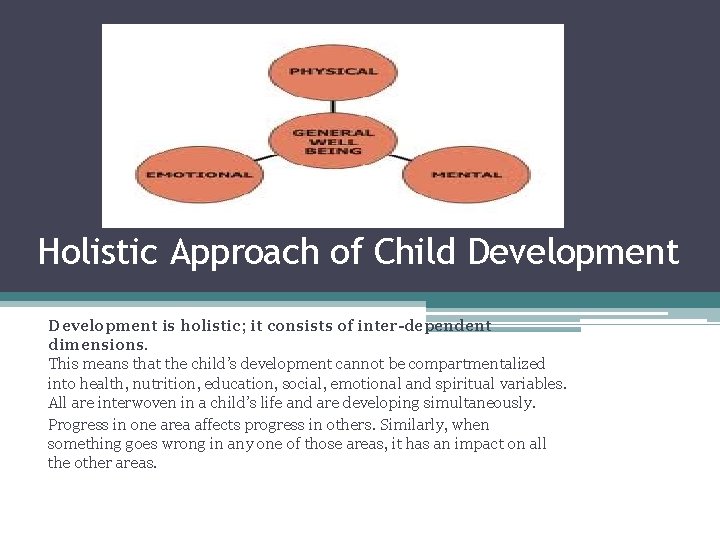 Holistic Approach of Child Development is holistic; it consists of inter-dependent dimensions. This means