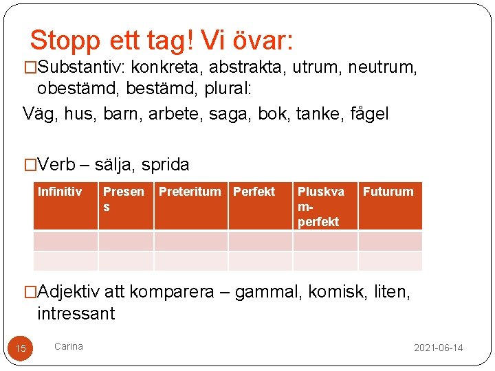 Stopp ett tag! Vi övar: �Substantiv: konkreta, abstrakta, utrum, neutrum, obestämd, plural: Väg, hus,