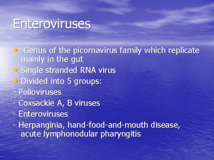 Enteroviruses • Genus of the picornavirus family which replicate mainly in the gut •
