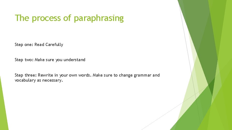 The process of paraphrasing Step one: Read Carefully Step two: Make sure you understand