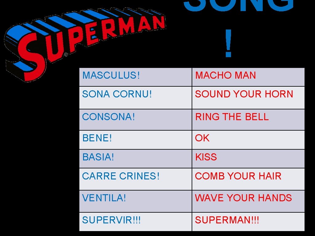 SONG ! MASCULUS! MACHO MAN SONA CORNU! SOUND YOUR HORN CONSONA! RING THE BELL