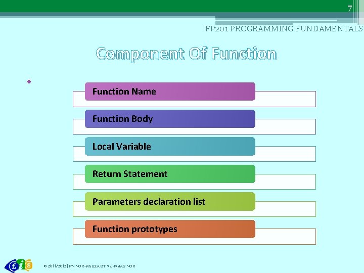 7 FP 201 PROGRAMMING FUNDAMENTALS Component Of Function • Function Name Function Body Local