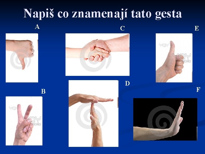 Napiš co znamenají tato gesta A C D B E F 