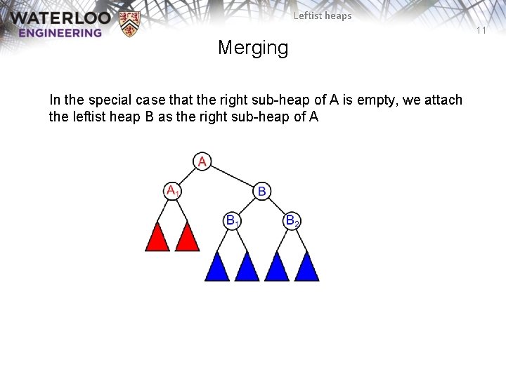 Leftist heaps 11 Merging In the special case that the right sub-heap of A