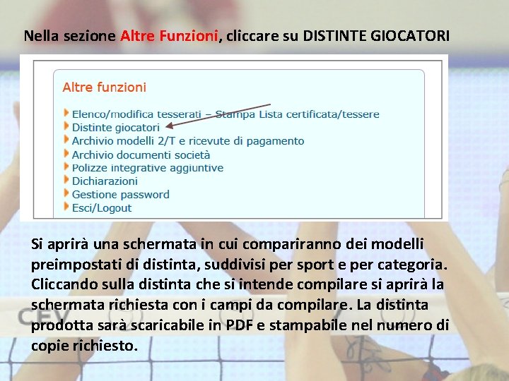 Nella sezione Altre Funzioni, cliccare su DISTINTE GIOCATORI Si aprirà una schermata in cui