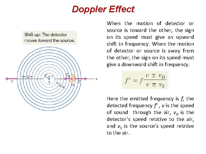 Doppler Effect When the motion of detector or source is toward the other, the