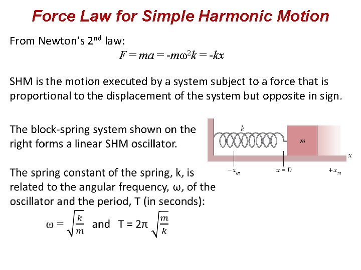 Force Law for Simple Harmonic Motion From Newton’s 2 nd law: F = ma