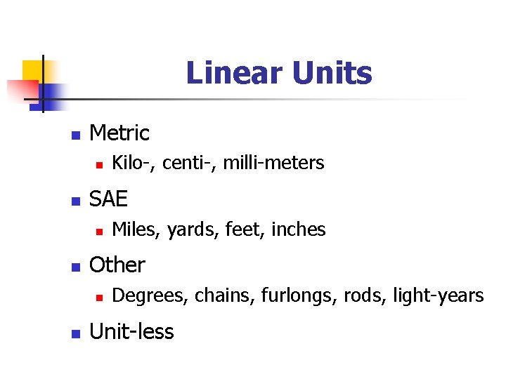 Linear Units n Metric n n SAE n n Miles, yards, feet, inches Other