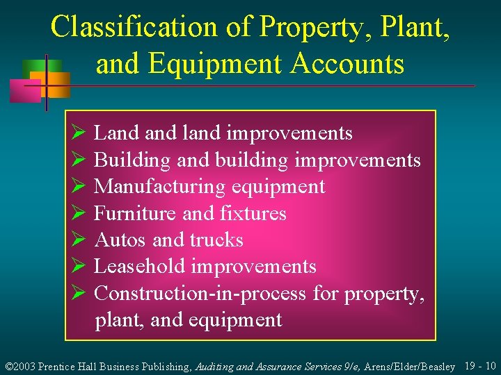 Classification of Property, Plant, and Equipment Accounts Ø Land land improvements Ø Building and