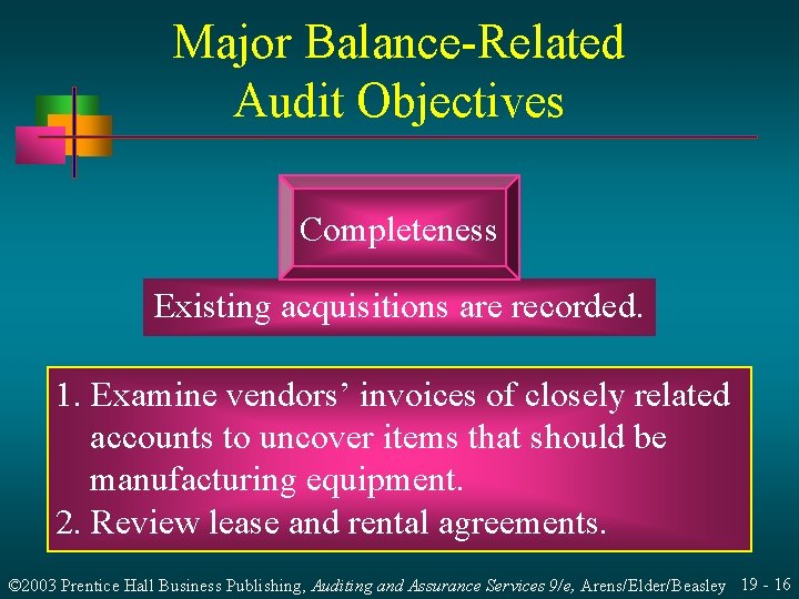 Major Balance-Related Audit Objectives Completeness Existing acquisitions are recorded. 1. Examine vendors’ invoices of