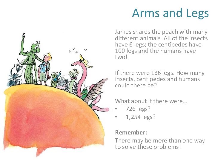 Arms and Legs James shares the peach with many different animals. All of the