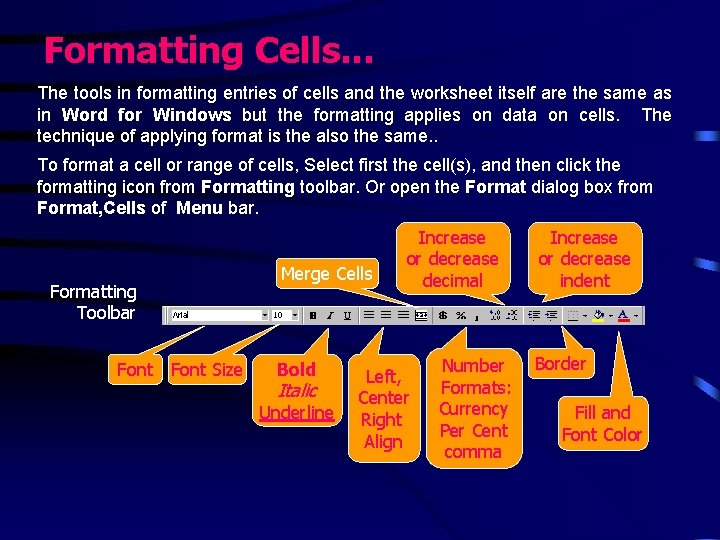 Formatting Cells. . . The tools in formatting entries of cells and the worksheet