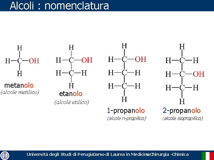 Alcoli : nomenclatura metanolo (alcole metilico) etanolo (alcole etilico) 1 -propanolo 2 -propanolo (alcole