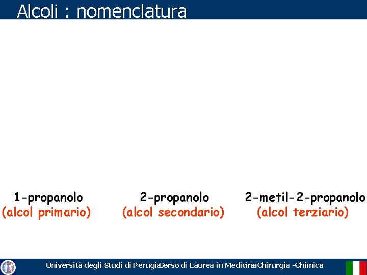 Alcoli : nomenclatura 1 -propanolo (alcol primario) 2 -propanolo (alcol secondario) 2 -metil-2 -propanolo