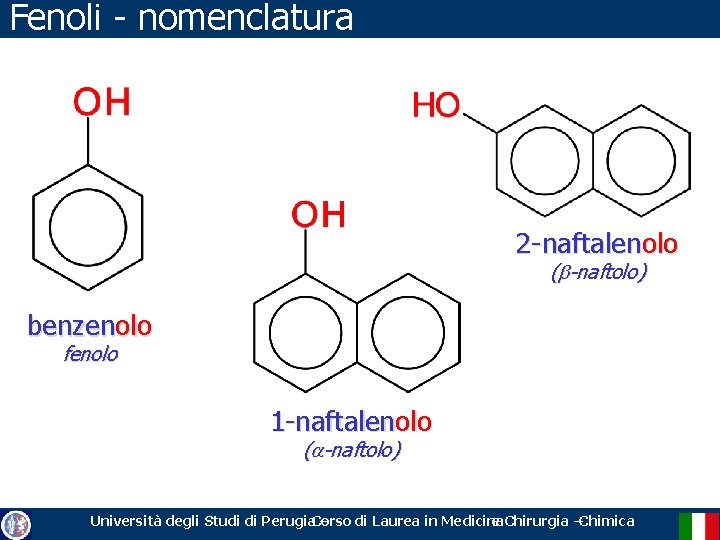 Fenoli - nomenclatura 2 -naftalenolo (b-naftolo) benzenolo fenolo 1 -naftalenolo (a-naftolo) Università degli Studi