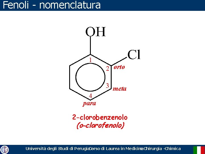 Fenoli - nomenclatura 1 4 para 2 orto 3 meta 2 -clorobenzenolo (o-clorofenolo) Università