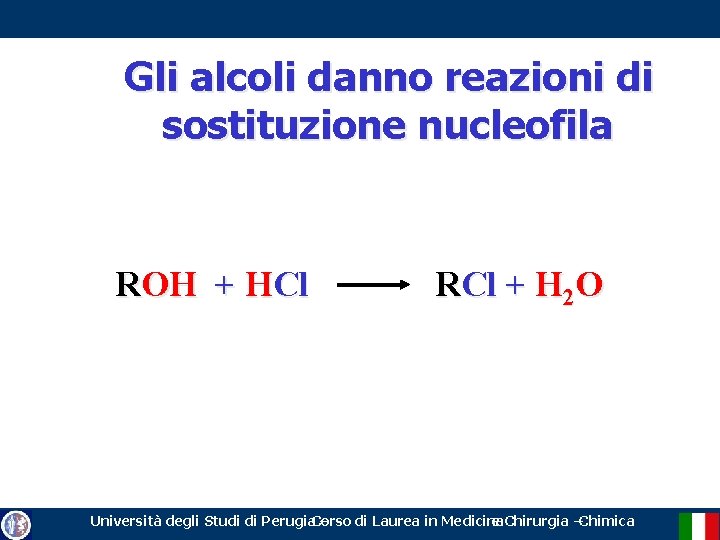 Gli alcoli danno reazioni di sostituzione nucleofila ROH + HCl RCl + H 2