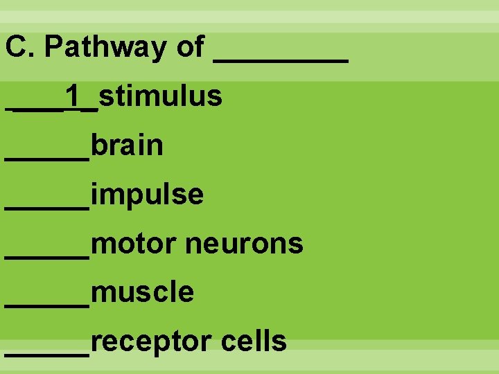 C. Pathway of ____ ___1_stimulus _____brain _____impulse _____motor neurons _____muscle _____receptor cells 