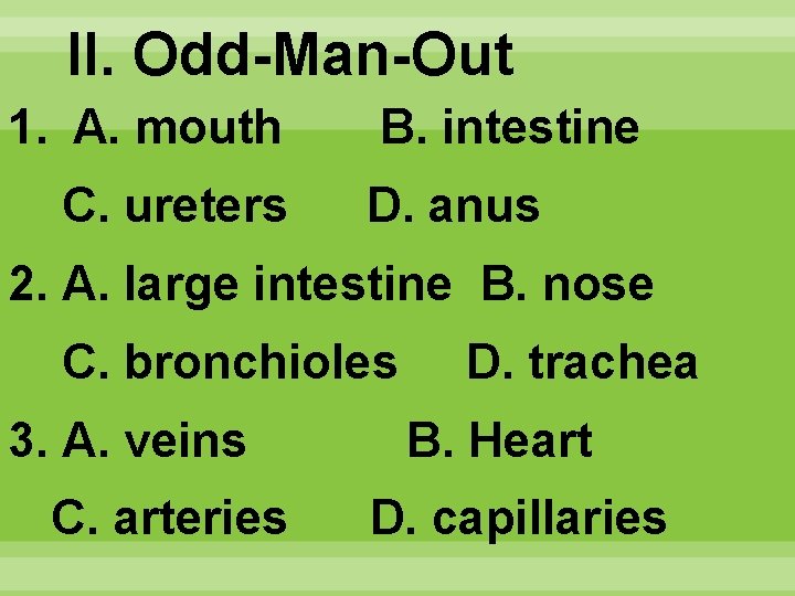 II. Odd-Man-Out 1. A. mouth C. ureters B. intestine D. anus 2. A. large