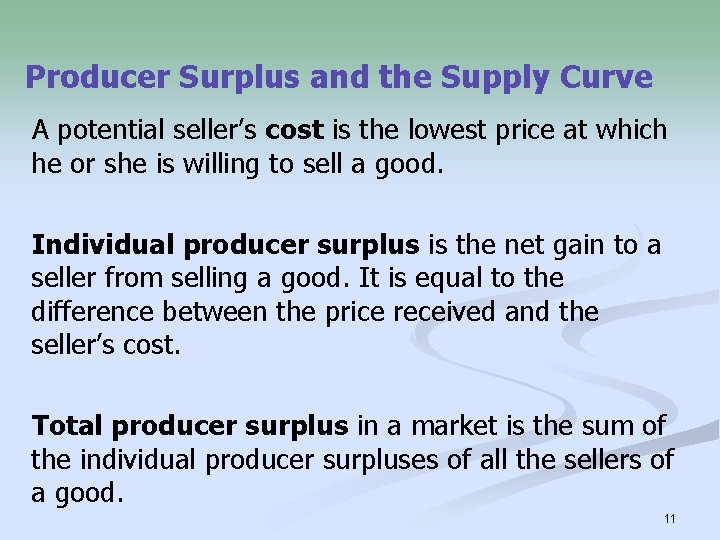 Producer Surplus and the Supply Curve A potential seller’s cost is the lowest price