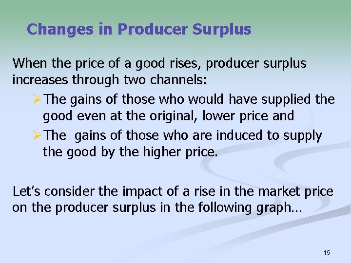 Changes in Producer Surplus When the price of a good rises, producer surplus increases