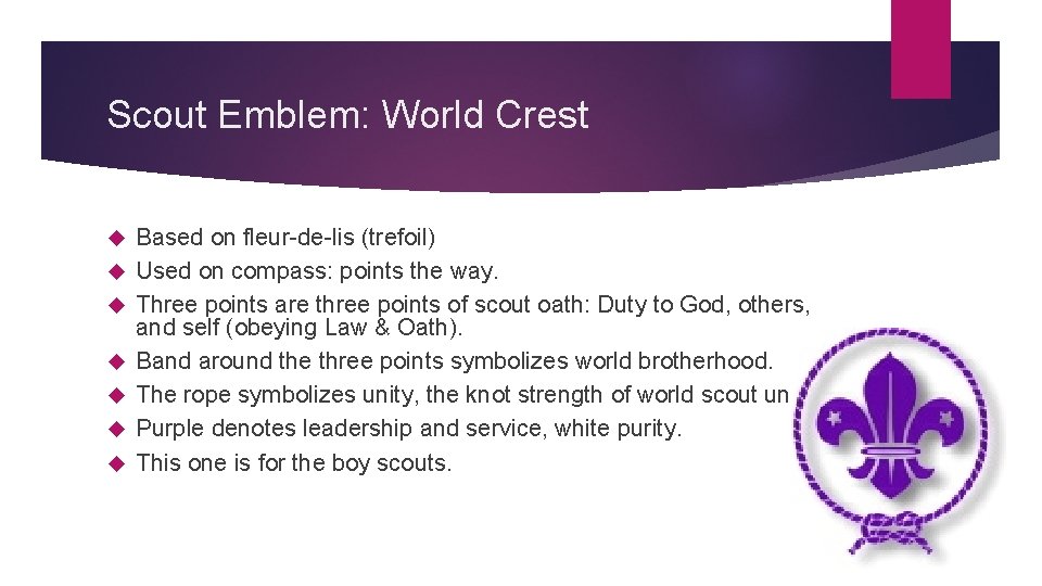 Scout Emblem: World Crest Based on fleur-de-lis (trefoil) Used on compass: points the way.