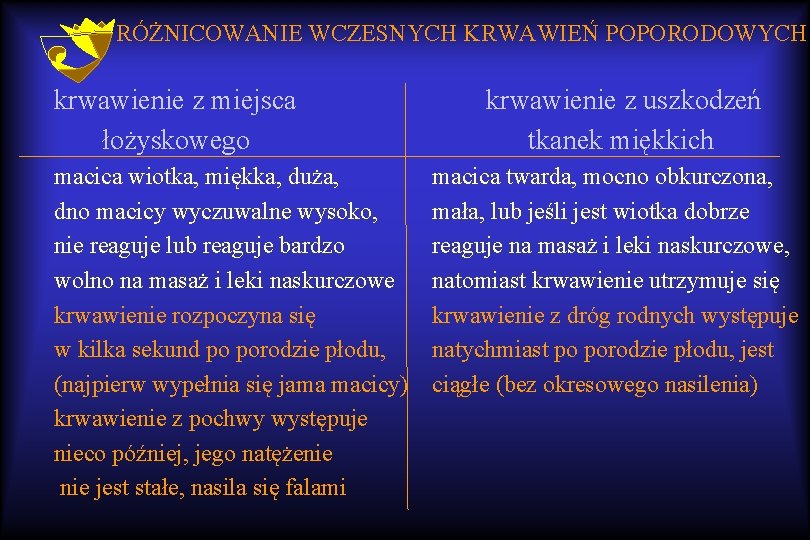 RÓŻNICOWANIE WCZESNYCH KRWAWIEŃ POPORODOWYCH krwawienie z miejsca łożyskowego macica wiotka, miękka, duża, dno macicy