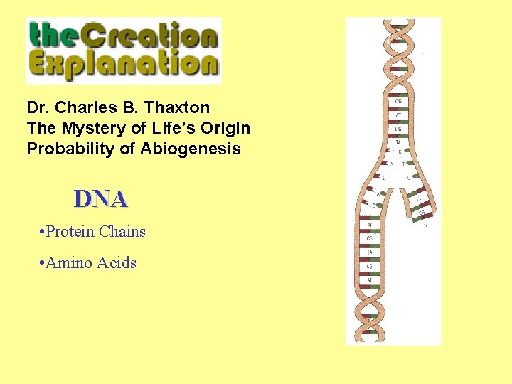 Dr. Charles B. Thaxton The Mystery of Life’s Origin Probability of Abiogenesis DNA •