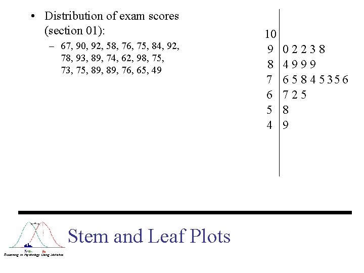 • Distribution of exam scores (section 01): – 67, 90, 92, 58, 76,