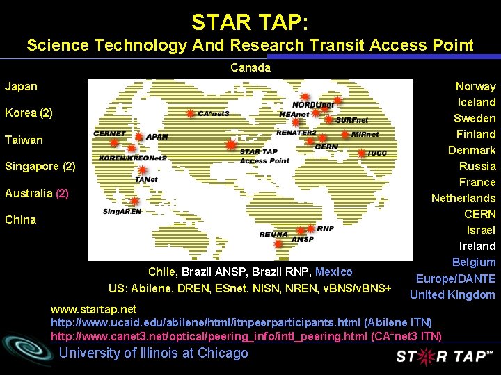STAR TAP: Science Technology And Research Transit Access Point Canada Japan Korea (2) Taiwan